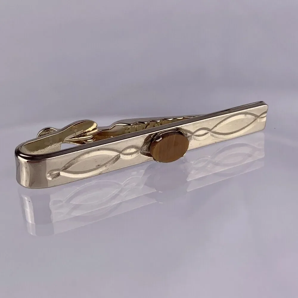 Dante Tigers Eye Gold Tone Tie Clip Bar Twist Loop Scroll Oval Vintage K1